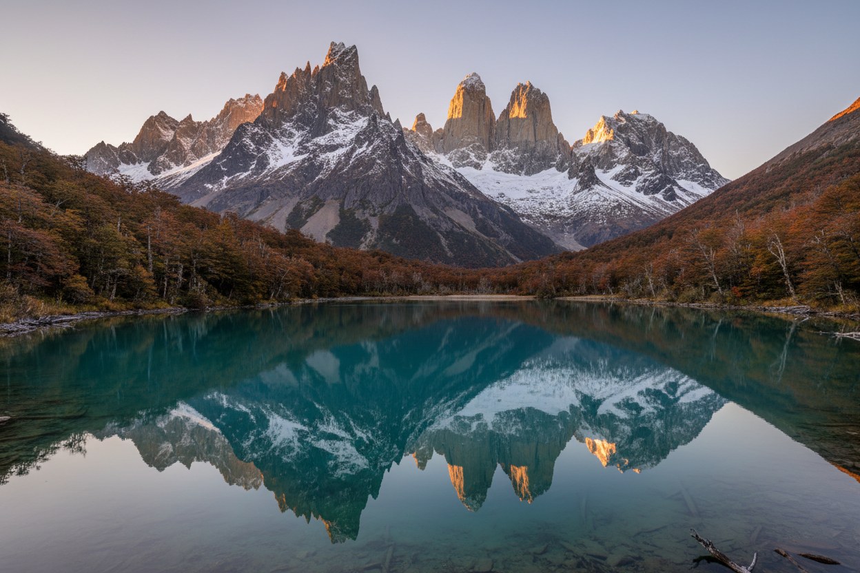 Vista del macizo de Cerro Castillo con laguna glaciar